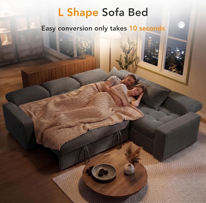 Sunny Heart Modular Sectional Sleeper Sofa with Pull Out Bed, Corduroy L Shaped Sectional Sofa with USB Ports/Adjustable Backrest/Storage Seats, Tool-Free Assembly, Couches for Living Room Dark Grey