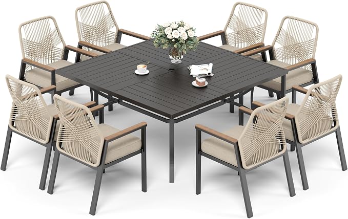 9 Pieces Patio Dining Set, 8 x Woven Rattan Chairs with Waterproof Cushion, 57.5" Square Metal Dining Table with Umbrella Hole, Outdoor Table and Chairs Set for Backyard Lawn and Deck, Beige
