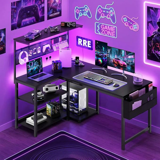 Apicizon L Shaped Desk Gaming Desk with LED Light & Power Outlet, 47 Inch Reversible Computer Desk with Pegboard & Shelf & Storage Bag for Home Office, Black