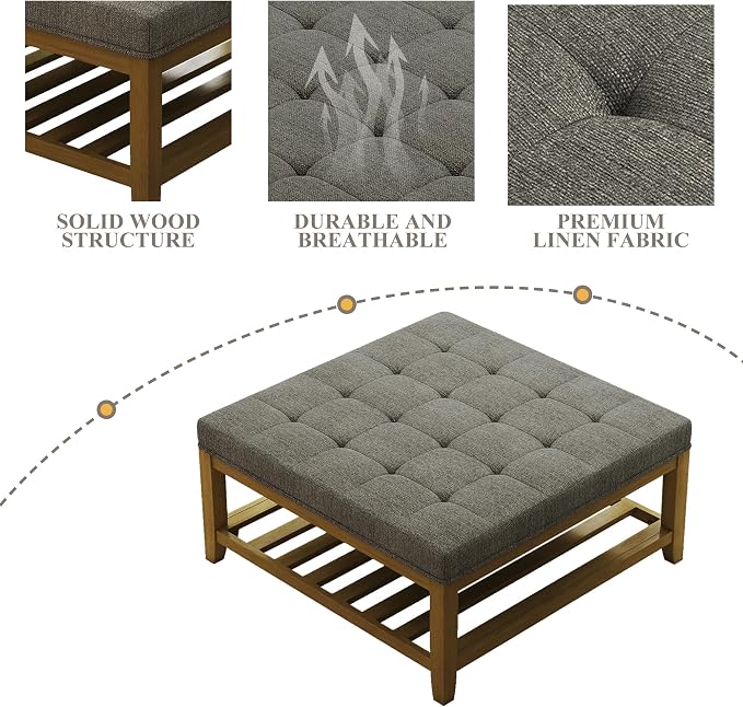 Befurtori Large Square Ottoman Coffee Table, Linen Solid Upholstered Footrest Ottoman with Solid Wood Shelf Storage Tufted Coffee Table for Bedroom Living Room, Granite