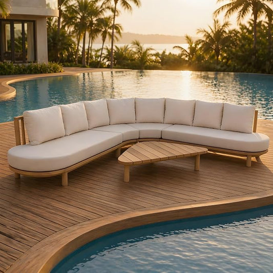 Merax 5 Piece Patio Outdoor Furniture Set, All Weather 118" Half Moon Sectional Sofa with Acacia Wood Frame & Waterproof Cushions,1 Coffee Table for Garden,Lawn,Backyard,Poolside,Beige+Light Teak