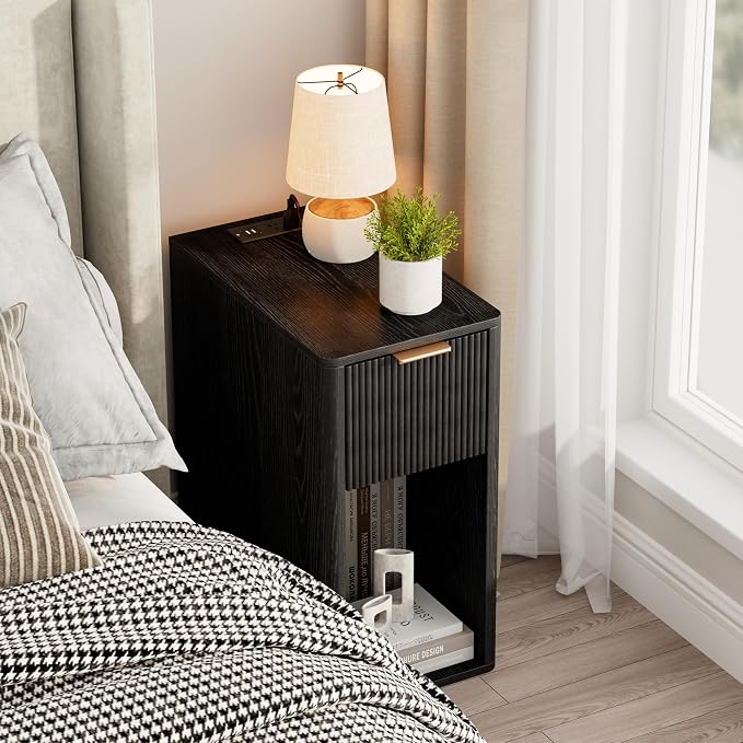 Homleke Narrow End Table with Fluted Drawer and Charging Station, Small Nightstand with USB Ports & Outlets, Bedside Table for Bedroom or Living Room, Modern Accent Table, Black