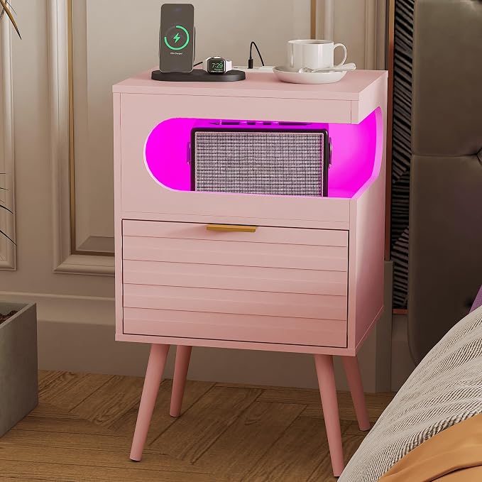 Veegle Nightstand,Modern Bedside Table with Storage Drawer and Open Wood Shelf, Accent Night Stand with Solid Wood Legs for Living Room, Bedroom and Small Spaces,Easy Assembly (Pink-1)