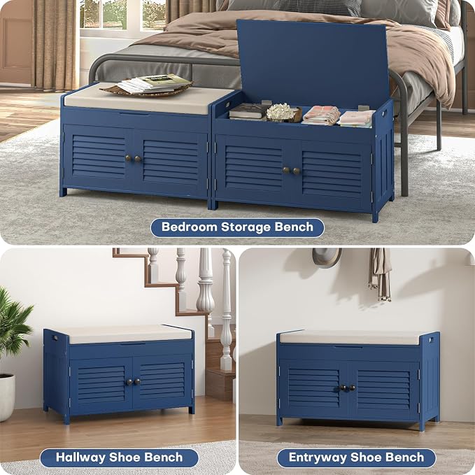 WARMHONIU Shoe Storage Bench with Lift Top Storage, Entryway Bench with Cushioned Seat, Adjustable Shelf, 2 Tier Shoe Rack with Doors for Entryway, Bedroom, Hallway, Mudroom, Blue