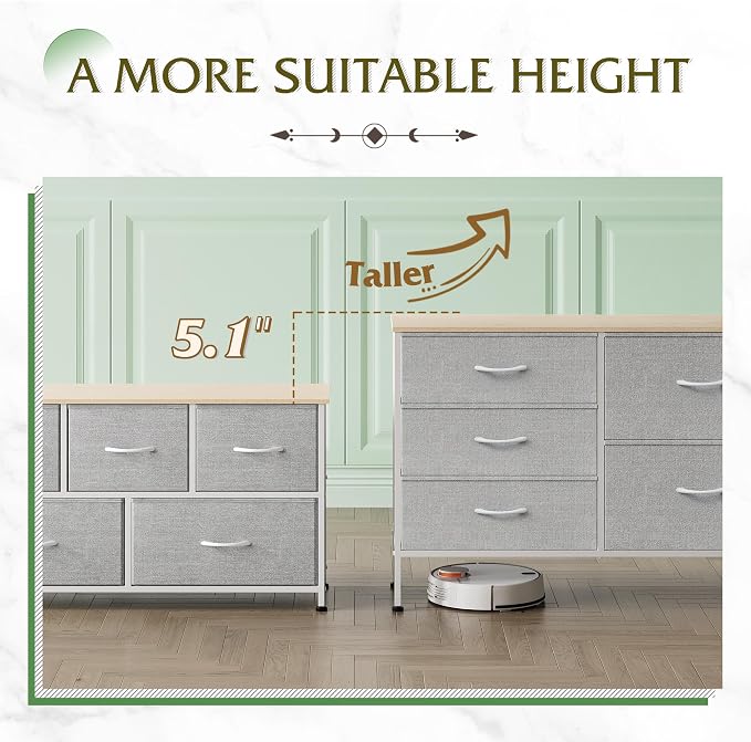 WLIVE Dresser for Bedroom with 5 Drawers, Wide Bedroom Dressers with Drawer Organizers, Chest of Drawers, Fabric Dresser for Living Room, Closet, Hallway, Light Grey