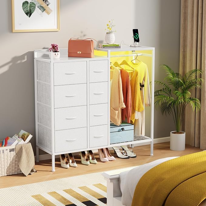 HIGDBFE Dresser with Hanging Rack, 8-Drawer Dresser for Bedroom with Charging Station & LED Lights, Fabric Dressers with Shoe Rack, Chest of Drawers with Wooden Top for Bedroom, White, 11.8" D