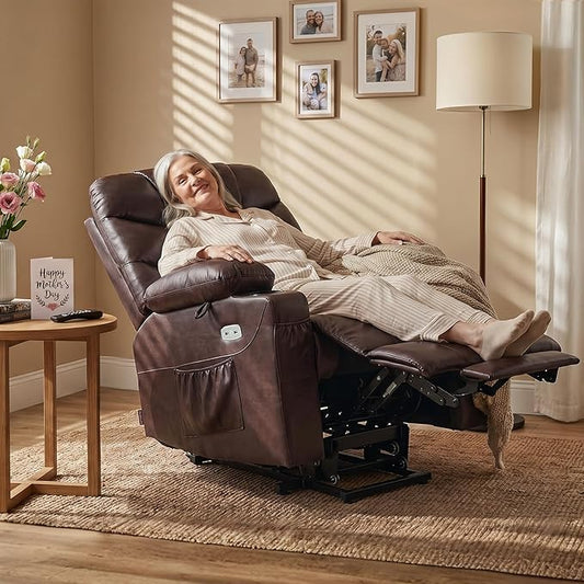 MCombo Power Lift Recliner Chair with Extended Footrest for Elderly People, for Mom, Faux Leather 7287 (Dark Brown, Medium)
