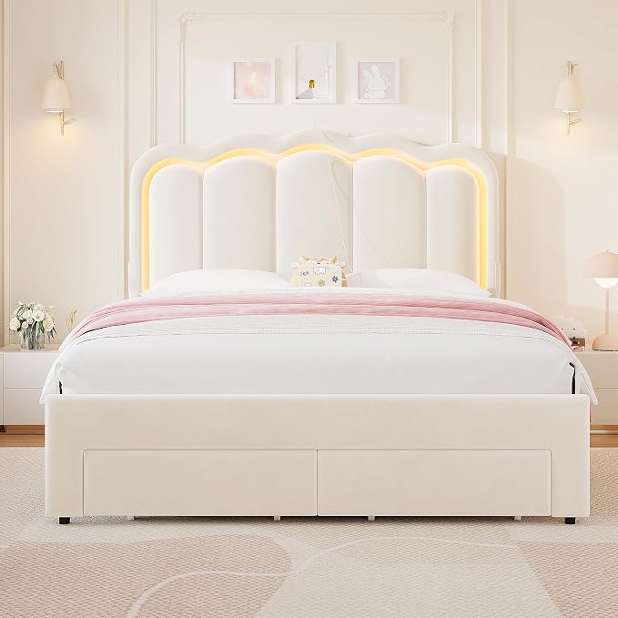 Full Upholstered LED Bed Frame with 2 Storage Drawers and Adjustable Chic Double Wavy Headboard, Velvet Princess Platform Bed with Charing Station, Solid Wood Slats Support,No Box Spring Needed,Beige