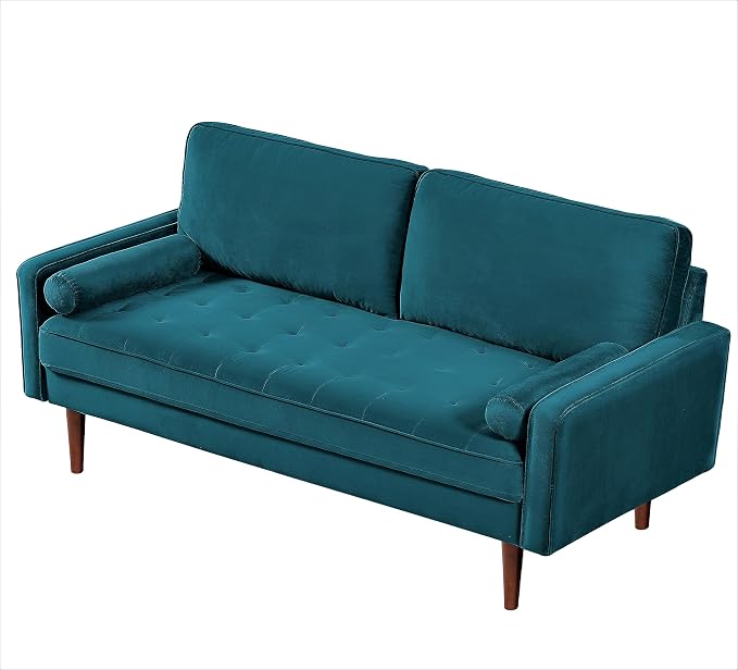 Container Furniture Direct Velvet Tufted Sofas for Living Room, Classic Mid-Century Style with Modern Silhouette, Button Tufting and Wood Legs, Includes 2 Bolster Pillows, Couch, Greenish Blue