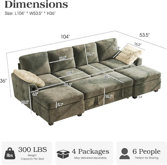 Ihanherry L-Shaped Sectional Sofa Bed, 6-Seater Convertible Pull Out Sleeper with Storage Ottoman, USB Charging Ports & Wide Armrests, Premium Chenille Fabric for Large Living Room, Apartment(Gray)