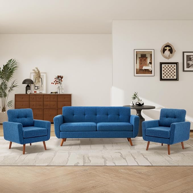 Tbfit Linen Fabric Single Sofa, Accent Chair, Mid Century Modern Armchair for Living Room, Bedroom Button Tufted Upholstered Comfy Reading Sofas, Blue