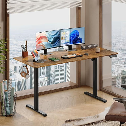 DEVAISE 63 Inch Electric Standing Desk, 3 Adjustable Computer Desk for Home Office, Ergonomic Sit to Stand Desk with LED Touchscreen,Headphone Hook, 3 Memory Preset, with Split Top, Rustic Brown