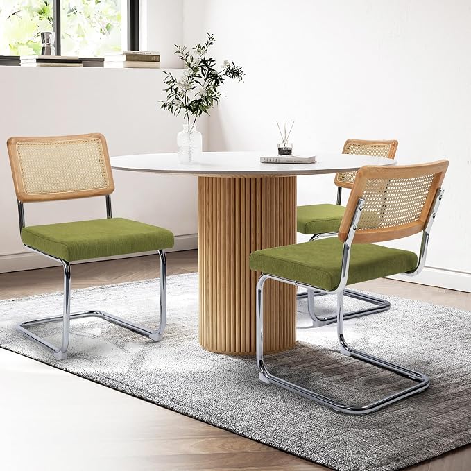 KROFEM Dining Chairs Set of 2,Modern Rattan Kitchen Chairs,Green | Mid Century Modern Design,Polished Chrome Frame,Upholstered Seat