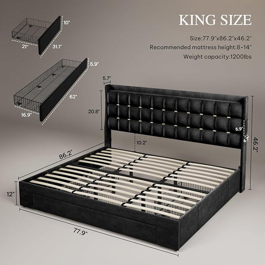 YITAHOME King Size Bed Frame with 3 Storage Drawers and RGB LED Lights, Velvet Upholstered Bed w/Charging Station and Storage Headboard, No Box Spring Needed, Noise-Free, Charcoal Black