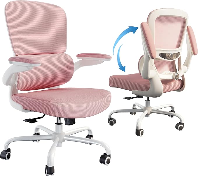 TRALT Ergonomic Office Chair - Desk Chair with Adjustable Lumbar Support Computer Chair - Mesh Comfy Chair with Flip-up Armrests - Gaming Chairs for Adults Home Office (Leather, Pink)