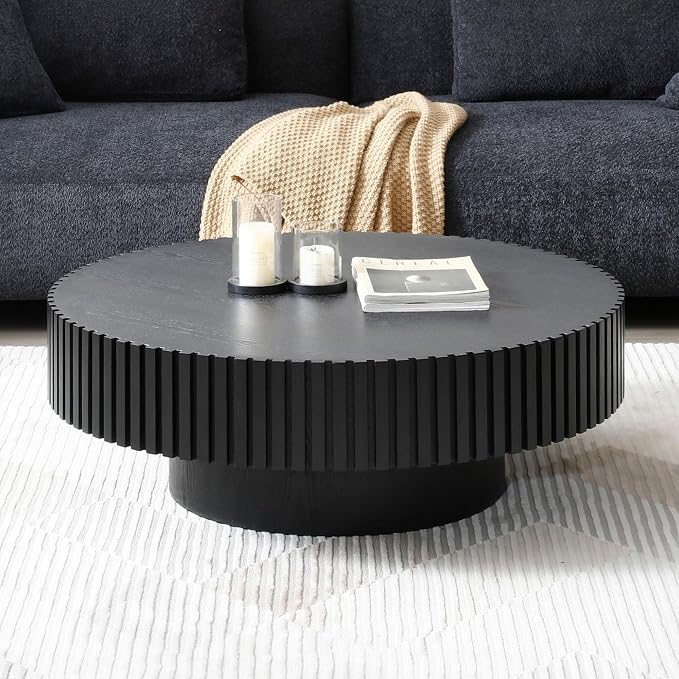 31" Round Black Coffee Table for Living Room, Mid Century Modern Coffee Table with Sturdy Pedestal, Circle Center Table Accent Tea Table for Apartment