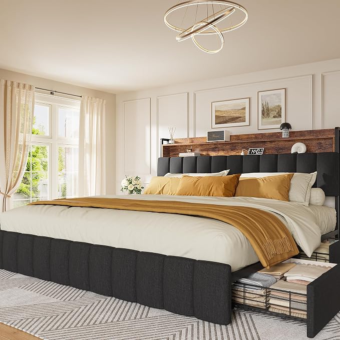 PRAISUN Bed Frame King Size with Upholstered Headboard & Charging Station, King Bed Frame with 4 Storage Drawers, 2-Tier Open Shelves, No Box Spring Needed, Slient Foam Strip, Easy Assembly, Black