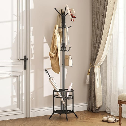 ELYKEN Coat Rack Freestanding, Metal Coat Rack with Umbrella Holder | 12 Hooks, Round Base, Heavy Duty Floor Standing Coat Tree for Entryway, Hallway, Living Room, Bedroom, Office, Black