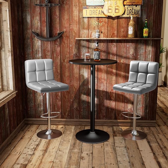 Homall Bar Stools Modern PU Leather Adjustable Swivel Barstools, Armless Hydraulic Kitchen Counter Bar Stool Extra Height Square Island Barstool with Back Set of 2 (Leather, Gray)