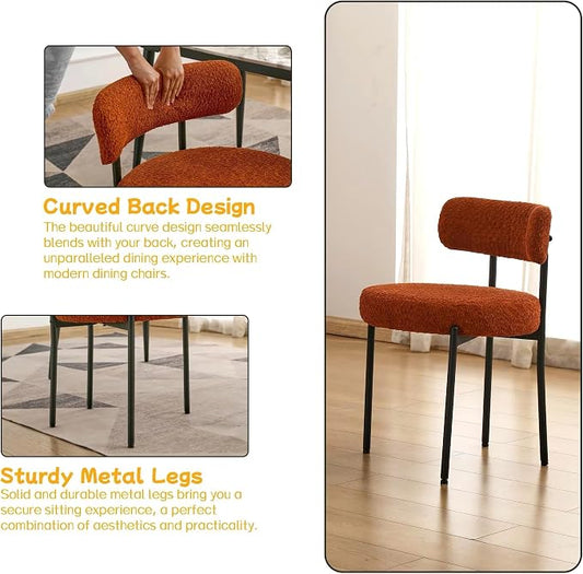 EDWELL Orange Dining Chairs Set of 2, Upholstered Dining Room Chairs, Curved Backrest Boucle Dining Chair for Kitchen, Living Room, Mid-Century Modern Kitchen Chairs with Black Metal Legs