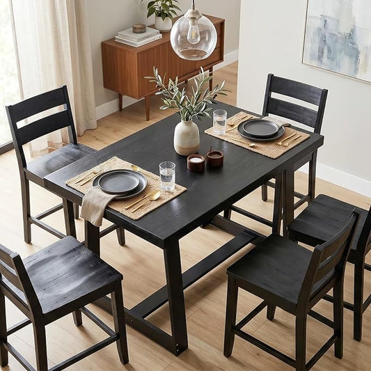 VINGLI 48 Inch Farmhouse Dining Table for 4-6, Solid Pine Wood Table with 4 Corner Protectors, Rectangular Dining Table for Kitchen, Dining Room, Small Apartment, Studio, Family Dinner, Black
