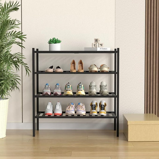 ROMGUAR CRAFT 4 Tier Bamboo Shoe Rack for Closet Free Standing Wood Shoe Shelf for Entryway Small Space Stackable 27"x11"x26" (Black)