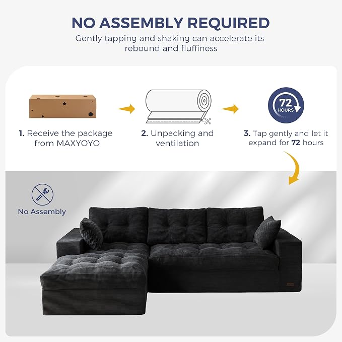 MAXYOYO 96" L Shaped Modular Sectional Sofa with Ottoman, Cloud Boneless Couch with Layered Cushion, Upholstered Sofa in a Box, Flexible Module Combination for Living Room, No Assembly, Black