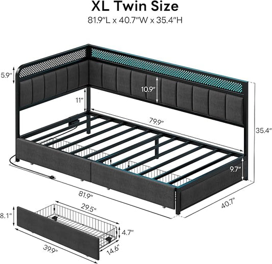 LIKIMIO Twin XL Corner Bed Frame, Modern Daybed with Upholstered Guardrail | Under-Bed Storage Drawers, Built-in Charging Station, Adjustable Smart LED Lights, Gray