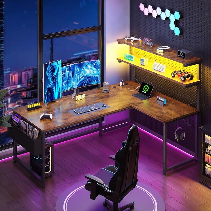 DurayLoly L Shaped Gaming Desk with LED Light & Power Outlet, 43.3 Inch Reversible Computer Desk with Shelf & Storage Bag & Hook for Home Office, Rustic Brown