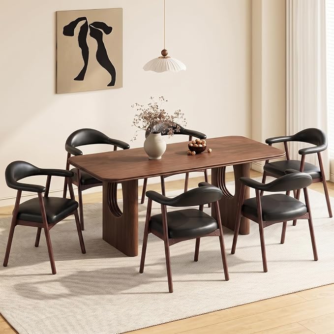 MALOL Leather Dining Chair with Armrest Set of 6, Upholstered Dining Room Chair with Curved Back and Wood Legs, Mid Century Modern Kitchen Chairs for Kitchen Dining Room,Black