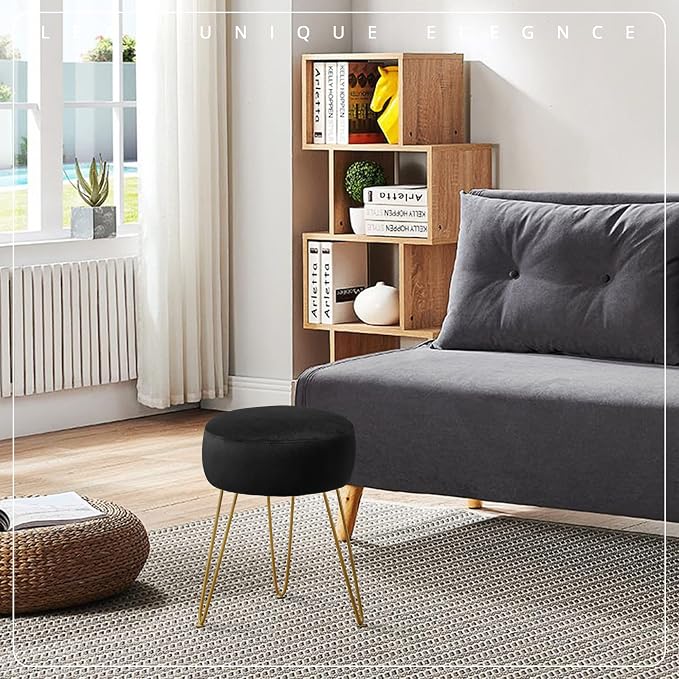 LUE BONA Vanity Stool, Black Vanity Stools for Makeup Room, Round Ottoman Foot Stool, Velvet Footrest Vanity Chair for Bathroom Vanity, Bedroom, Living Room, Entryway, Offices