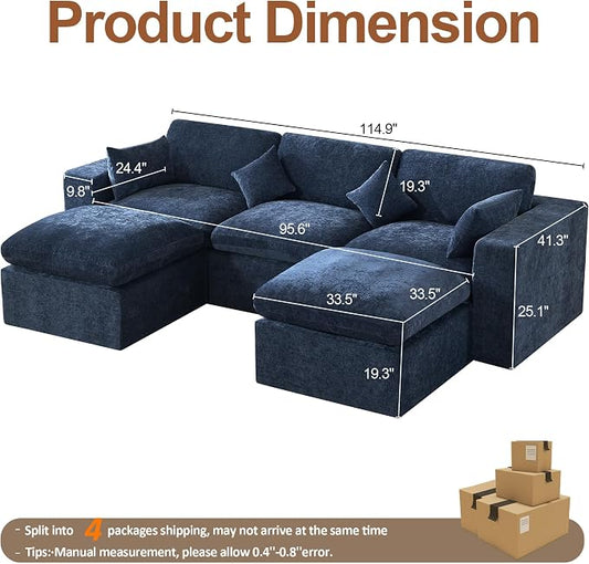 115'' Cloud Boneless Sectional Couch, Modular Sectional Sofa Deep Seat with 2 Ottomans, Oversized Upholstered Convertible Comfy 5 Seater Chenille Sofa U Shape Couches for Living Room, Navy