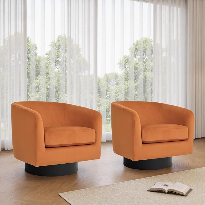 Swivel Barrel Accent Chair, Velvet Upholstered Armchair Modern Round Club Arm Chair for Living Room, Comfy Single Sofa Seating Bedroom Side Reading Seat for Home Office - Orange
