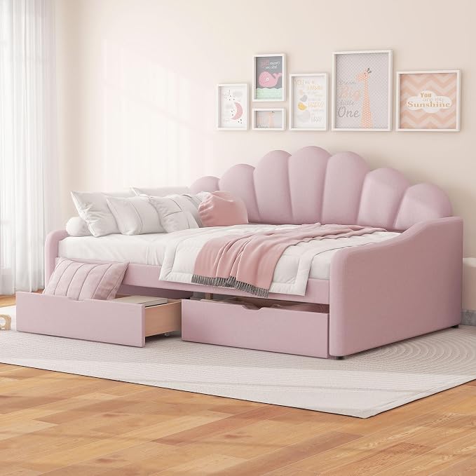 Ball & Cast Full Size Daybed with Two Storage Drawers,Velvet Upholstered Day Bed Frame Full with Shall Shaped Backrest and Wood Slat Support,No Box Spring Needed,Pink