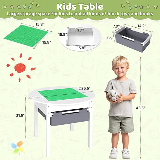 DOREROOM Kids Table with Storage, Wooden Kids Play Table with 2 Canvas Drawers, Round Toddler Activity Tables with Double Sided Desktop for Ages 3-8, Building Blocks, Toddler Desk for Bedroom/Nursery