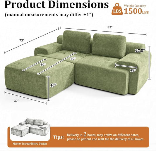 85" L Shaped Oversized Boneless Couch, Comfort Cloud Sectional Couches for Living Room, Modular Sofa High Back & Extra Deep Seat, No Assembly, Chenille(Olive Green, 85 inch- L Shaped(2+1))