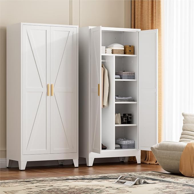 LCAOPC 71" Tall Metal Wardrobe Closet with Adjustable Shelves and Hanging Rod, 2 Doors Office Storage Locker Cabinet for Home, Office, Bedroom, Laundry Room, White