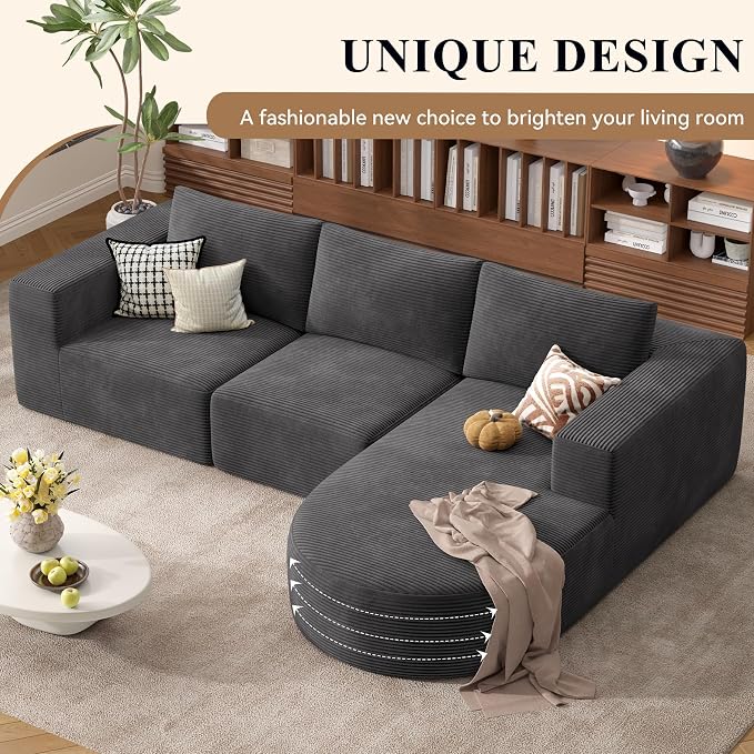 L-Shaped Boneless Couch,104" Couches for Living Room with Curved Chaise,Modular Sectional Sofa with Deep Seat,Modern Cozy Cloud Compression Sofas,No Assembly Required(Gray) 1PCS