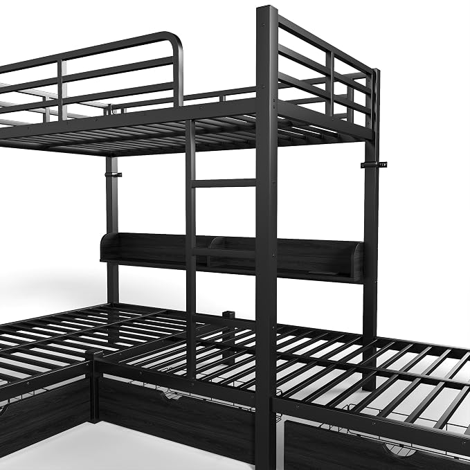 Bellemave L-Shape Triple Bunk Bed with 3 Storage Drawers and Shelves for 3,Metal Bunk Beds Twin Over Twin with Charging Station & LED Lights for Kids,Teens,Adults,Black