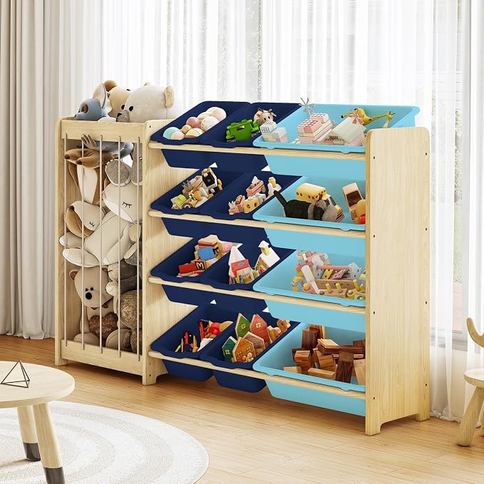 EXPERLAM Kids Toy Storage Organizer, 2-in-1 Stuffed Animal Storage & Toy Organizer w/12 Bins, Solid Wood Toy Rack Featuring Thicker Elastic Ropes, Playroom Nursery Bedroom Storage, Blue
