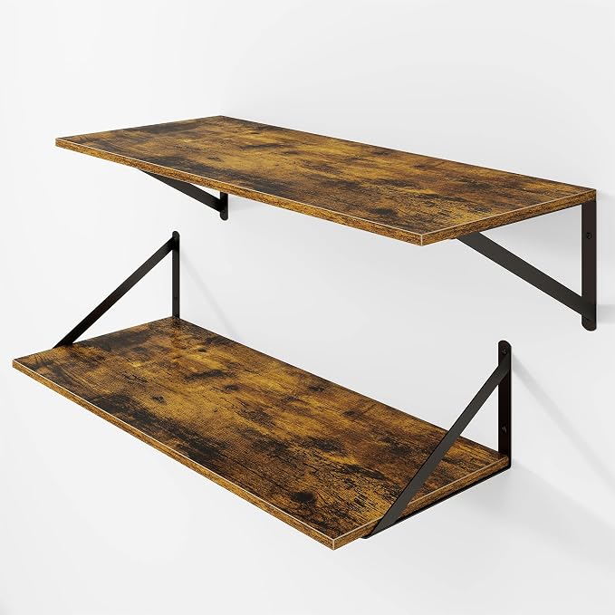 Heimlove Deep Floating Shelves for Wall, 28W x 12D Wood Wall Shelves Set of 2, Wide Floating Bookshelf for Living Room, Kitchen, Office, Bedroom and Decor Storage, with Metal Bracket - Rustic Brown