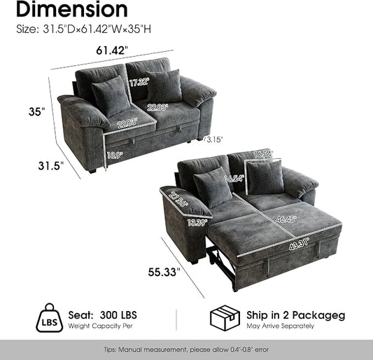 WorthFurni 61” Pull Out Couch, 2 in 1 Sleeper Sofa Bed with Throw Pillow, Convertible Small Loveseat Sleeper Couch for Living Room, Bedroom, Apartment (Gray)