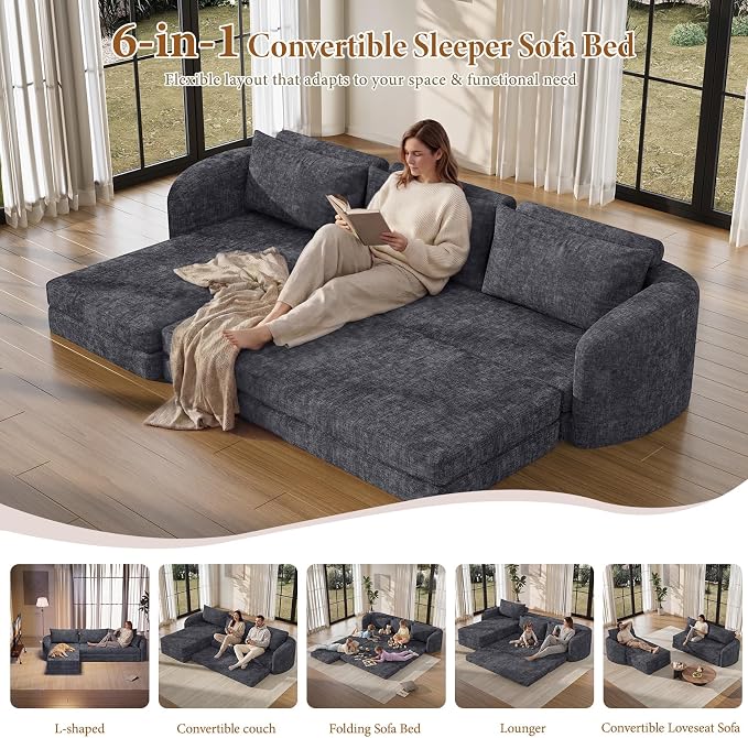 Vesgantti 110.2" Modular Sectional Sofa with Curved Armrest, 6 in 1 Convertible Folding Sleeper Sofa Bed, Chenille Boneless Couch for Living Room, No Assembly Required, Blue, Left Facing Chaise