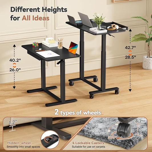 Mobile Standing Desk, 35inch Small Rolling Table with Drawer, Height Adjustable Sit Stand Workstation, Black Portable Laptop Cart with Hidden Wheels or Lockable Casters