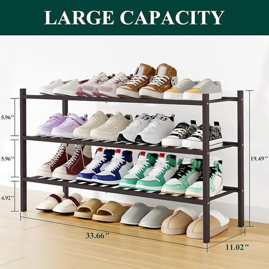 Smiry Long Bamboo Shoe Rack, 3 Tier Free Standing Wooden Shoe Organizer, Stackable Wood Shoe Storage Shelf for Closet, Entryway, 12 Vertical Slats, 2+1 Stack Standard Legs, 33.7"x11"x19.5", Brown