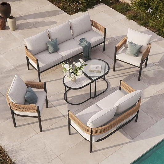 Grand patio 6-Piece Wicker Outdoor Furniture Set with 3-Seat Couch, Thick Cushions and Coffee Table, Patio Sofa Conversation Set for Backyard, Balcony, Natural