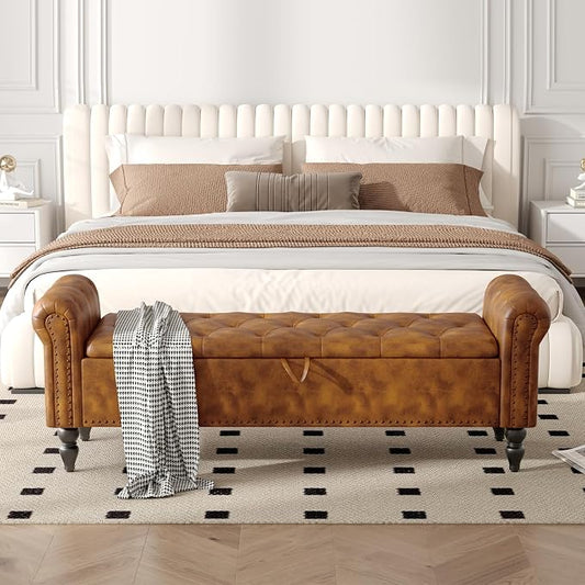 Furniliving 63” End of Bed Bench, Bedroom Bench with Button-Tufted, Large Upholstered Storage Ottoman Benches Entryway Bench with Storage Shoe Cabinet Bench, for Bedroom, Living Room, PU, Brown
