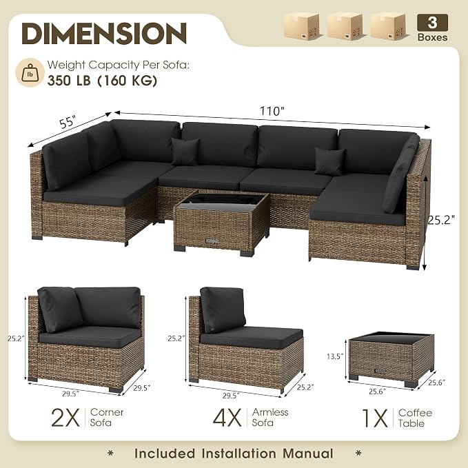 LHBcraft 7 Piece Outdoor Patio Furniture Set, Wicker Patio Furniture Set Outdoor Patio Sectional Sofa for Backyard Rattan Patio Seating with Black Cushion