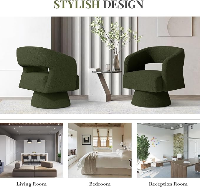 Luxanimarion Swivel Barrel Accent Chair Set of 2,Oversized Teddy Upholstered Round Swivel Chairs,Modern Luxury 360 Degree Living Room Vanity Chair for Bedroom Office,Green,2PCS