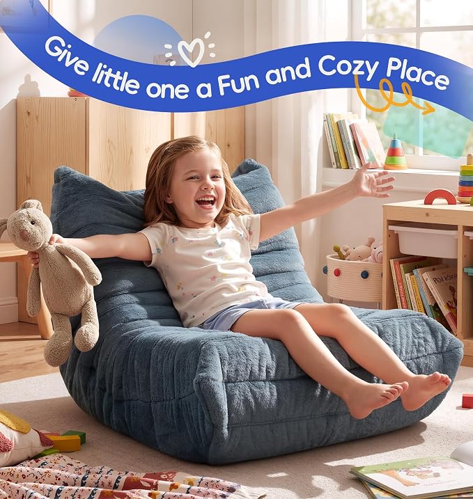 Hobestluk Small Bean Bag Chair Faux Fur Fabric BeanBag Couch for Playroom | Bluegrey Plush,Ergonomic Design,Memory Foam,Strong Supportive,No Assembly Required,Decorative Style for Living Room Bedroom